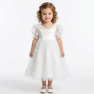 Eden Bridals White Flower Girl Dress with Puff Sleeves Balletcore Size 3